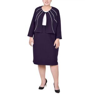 NY Collection Jacket and Dress, 2 Piece Set Mallard Purple Plus Size 14W